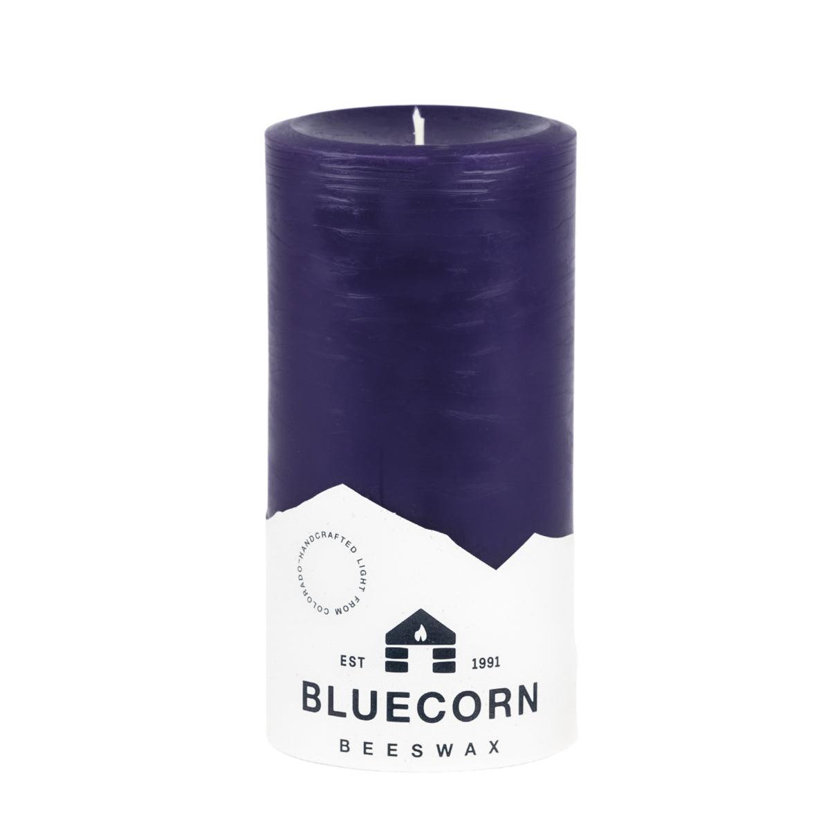 Bluecorn Beeswax 100% Pure Beeswax 3" x 6" Colored Pillar Candle is Eggplant in color. Burn Time: 90 hours. Made with 100% Pure Beeswax, is . Made with 100% pure cotton wick, no lead and paraffin free. Clean burning and non-toxic. Features Bluecorn Beeswax label printed on 100% recycled paper.