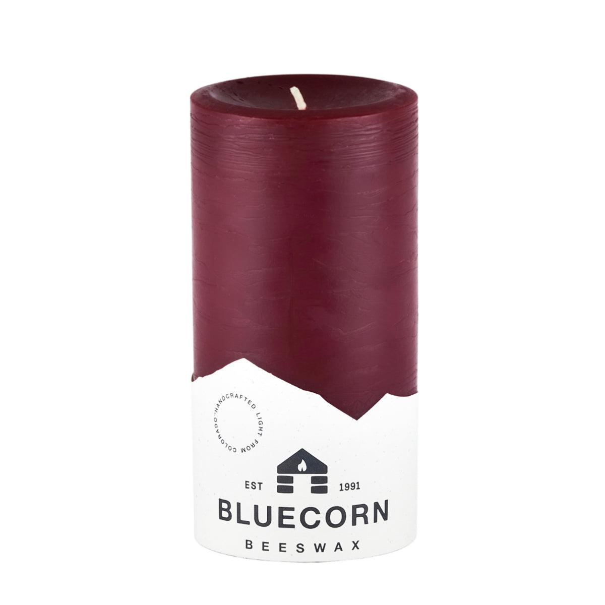 Bluecorn Beeswax 100% Pure Beeswax 3" x 6" Colored Pillar Candle is Burgundy in color. Burn Time: 90 hours. Made with 100% Pure Beeswax, is . Made with 100% pure cotton wick, no lead and paraffin free. Clean burning and non-toxic. Features Bluecorn Beeswax label printed on 100% recycled paper.