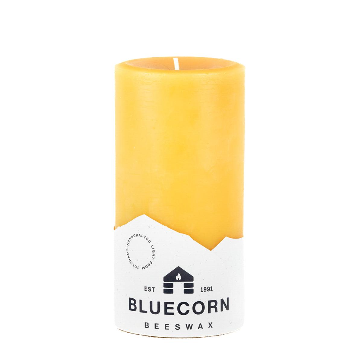 Bluecorn Beeswax 100% Pure Beeswax 3" x 6" Raw Pillar Candle. Burn Time: 90 hours. Made with 100% Pure Beeswax, is golden in color, with a light honey scent. Made with 100% pure cotton wick, no lead and paraffin free. Clean burning and non-toxic. Features Bluecorn Beeswax label printed on 100% recycled paper.