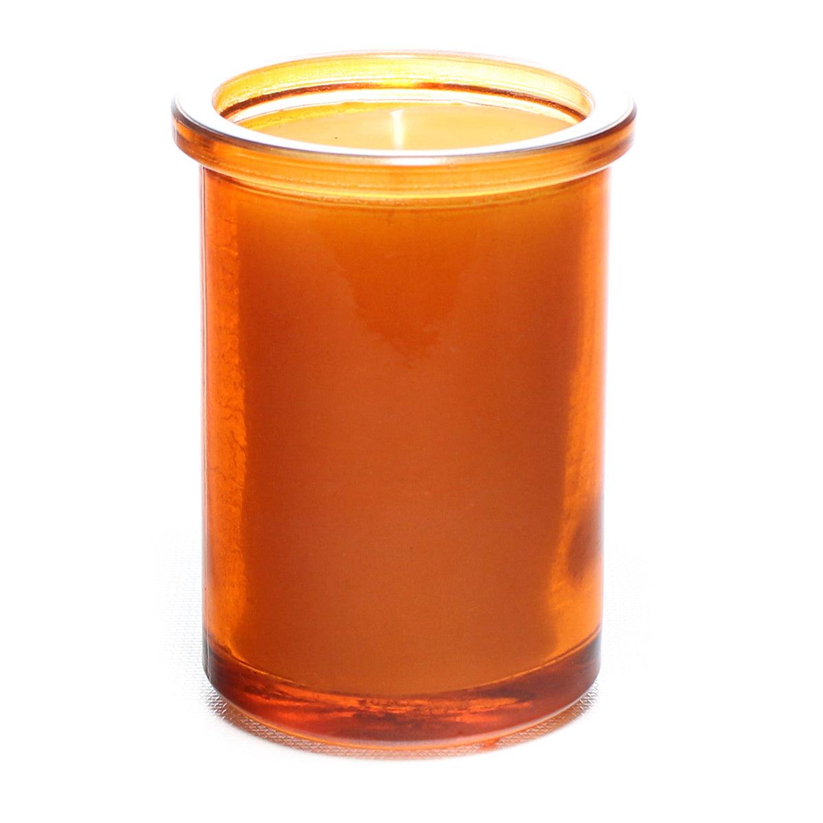 Bluecorn Beeswax 100% Pure Beeswax Orange 6oz Glass Candle. Burn Time: 35 hours. Wax is golden in color with a light honey scent. Made with 100% Pure Beeswax and a 100% pure cotton wick, no lead. Candles are paraffin free, clean burning and non-toxic. Features 6oz candle with Bluecorn Beeswax hang tag printed on white 100% recyled paper with gold foil. For best burn, burn candle until wax pool reaches glass wall and trim wick to 1/4 before lighting.