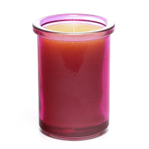 Bluecorn Beeswax 100% Pure Beeswax Fuchsia 6oz Glass Candle. Burn Time: 35 hours. Wax is golden in color with a light honey scent. Made with 100% Pure Beeswax and a 100% pure cotton wick, no lead. Candles are paraffin free, clean burning and non-toxic. Features 6oz candle with Bluecorn Beeswax hang tag printed on white 100% recyled paper with gold foil. For best burn, burn candle until wax pool reaches glass wall and trim wick to 1/4 before lighting. 