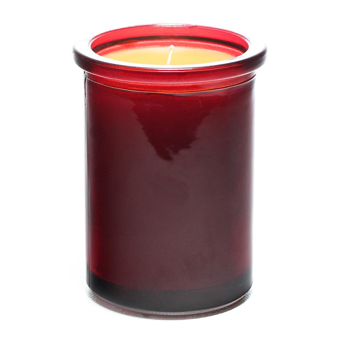 Bluecorn Beeswax 100% Pure Beeswax Red 6oz Glass Candle. Burn Time: 35 hours. Wax is golden in color with a light honey scent. Made with 100% Pure Beeswax and a 100% pure cotton wick, no lead. Candles are paraffin free, clean burning and non-toxic. Features 6oz candle with Bluecorn Beeswax hang tag printed on white 100% recyled paper with gold foil. For best burn, burn candle until wax pool reaches glass wall and trim wick to 1/4 before lighting.