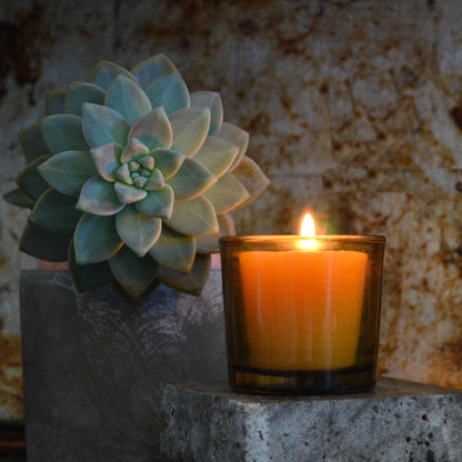 A burning beeswax votive candle inside a thick, whiskey-colored glass votive candle holder. The candle is atop a concrete pedestal and sitting next to a succulent plant.