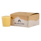 A single beeswax votive in the color raw, sitting next to a closed 4-pack votive box