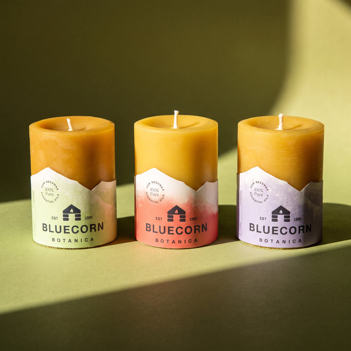 scented beeswax pillar candles from bluecorn, eucalyptus and orange, cypress and sandalwood, lavender essential oil on green background
