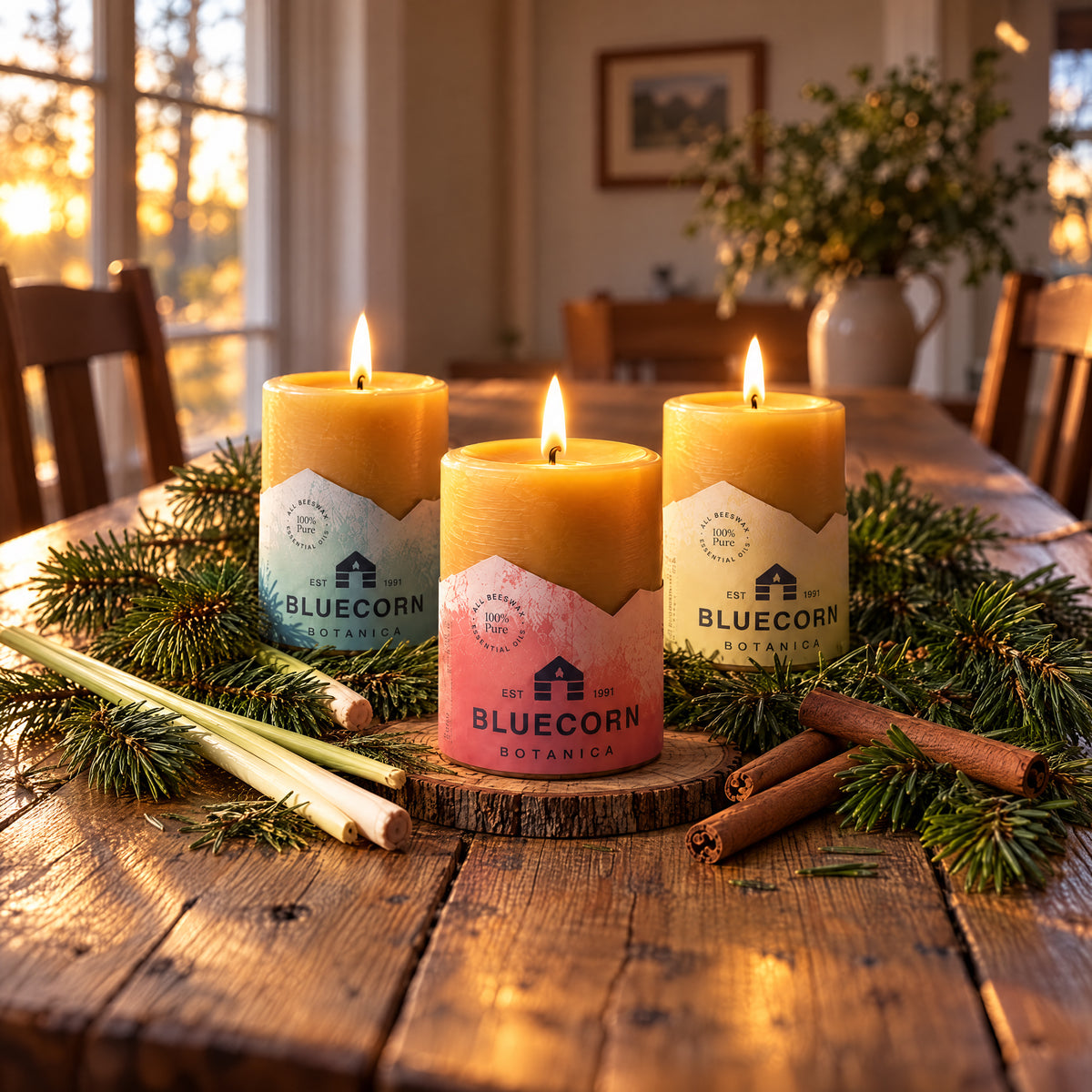 Three lit scented beeswax candles from Bluecorn Botanica are arranged on a rustic wooden table with pine branches, cinnamon sticks, and a warm fall indoor background.