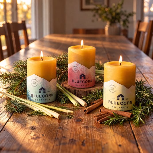 Three lit scented beeswax pillar candles from Bluecorn Botanica arranged on a rustic wooden table with pine branches, cinnamon sticks, and a warm indoor background.