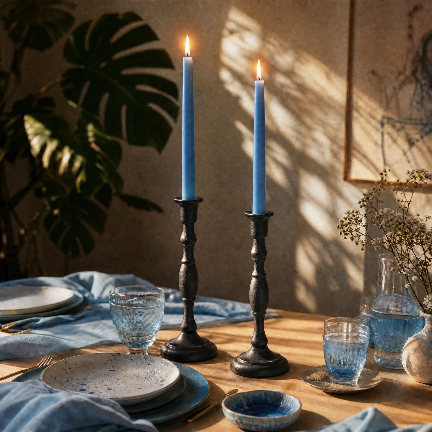 Dining table setting with light blue beeswax taper candles, plates, and glasses on a wooden table.