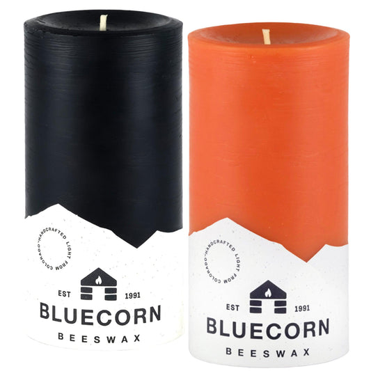 Spooky Season Beeswax Pillar Candle Pair - Apricot & Black - Bluecorn Candles