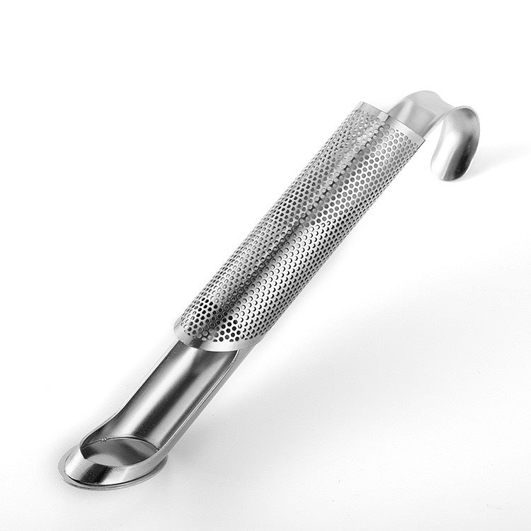 stainless steal tea infuser with sliding mesh basket and hook to hang on lip of mug