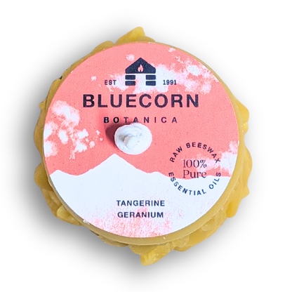 Bluecorn Botanica Tangerine & Geranium scented sculpted flower beeswax pillar candle 