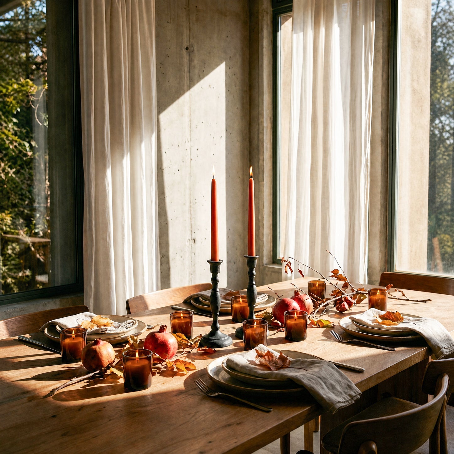 Dining table set for a meal with dark orange beeswax taper candles and autumn decorations in a bright room with large windows.