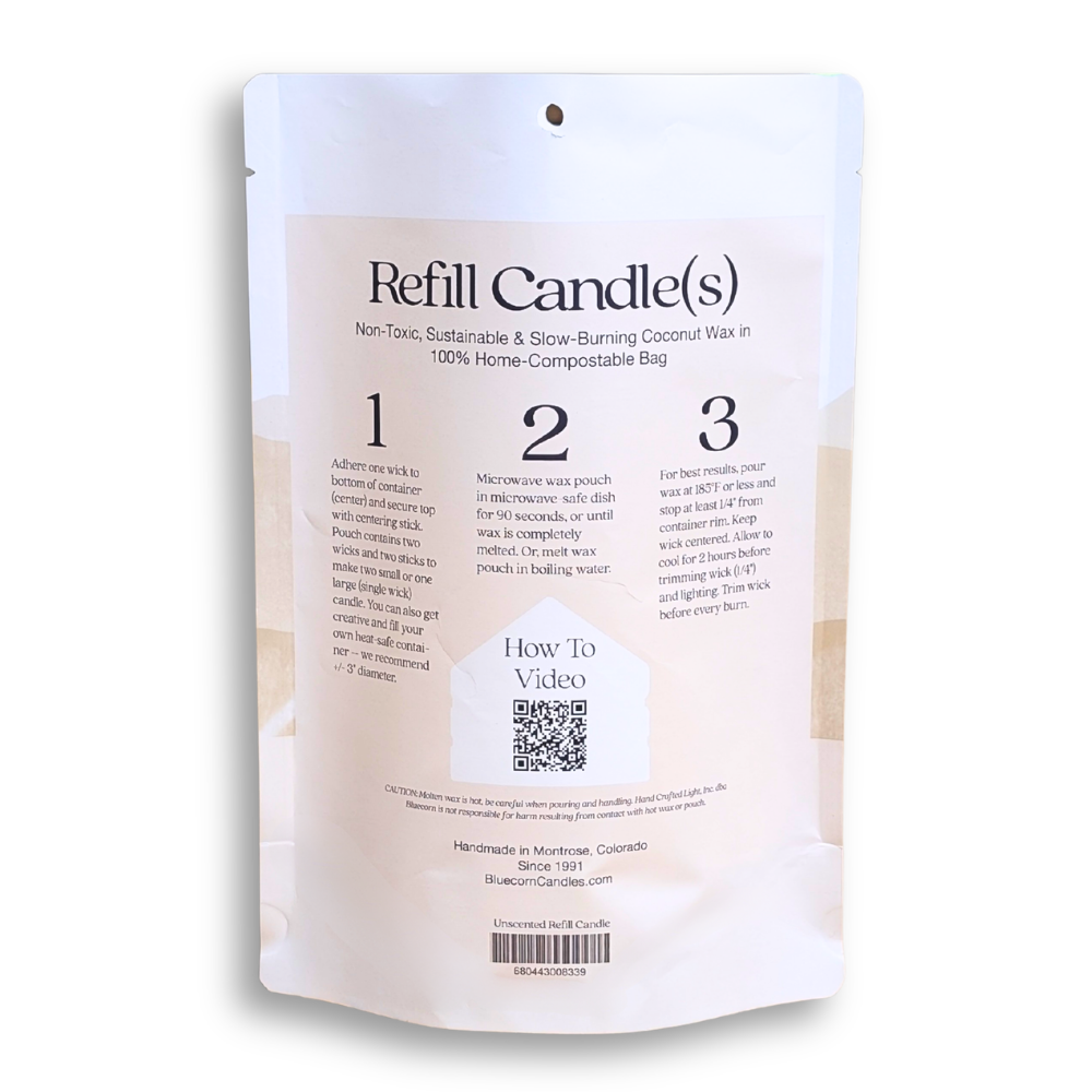 the back of bluecorn's unscented coconut wax candle refill kit with instructions on how to DIY your own candles at home