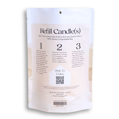 the back of bluecorn's unscented coconut wax candle refill kit with instructions on how to DIY your own candles at home