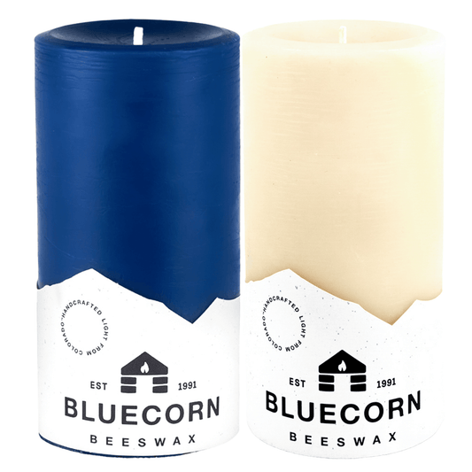 Winter Beeswax Pillar Candle Pair - Ivory & Blue - Bluecorn Candles