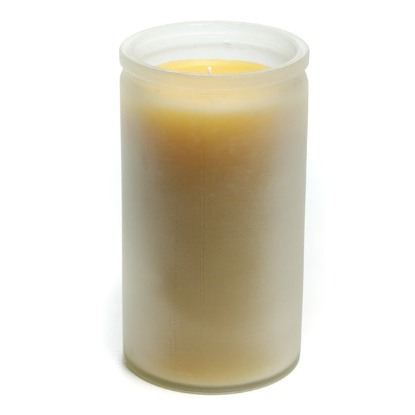 Bluecorn Beeswax 100% Pure Beeswax Frosted 16oz Glass Candle. Burn Time: 80 hours. Wax is golden in color with a light honey scent. Made with 100% Pure Beeswax and a 100% pure cotton wick, no lead. Candles are paraffin free, clean burning and non-toxic. Features 16oz candle with Bluecorn Beeswax hang tag printed on white 100% recyled paper with gold foil. For best burn, burn candle until wax pool reaches glass wall and trim wick to 1/4 before lighting. Clearance items might have a blemish or air bubble.