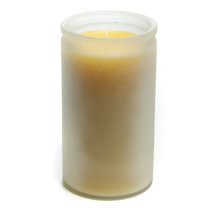 Bluecorn Beeswax 100% Pure Beeswax Frosted 16oz Glass Candle. Burn Time: 80 hours. Wax is golden in color with a light honey scent. Made with 100% Pure Beeswax and a 100% pure cotton wick, no lead. Candles are paraffin free, clean burning and non-toxic. Features 16oz candle with Bluecorn Beeswax hang tag printed on white 100% recyled paper with gold foil. For best burn, burn candle until wax pool reaches glass wall and trim wick to 1/4 before lighting. Clearance items might have a blemish or air bubble.